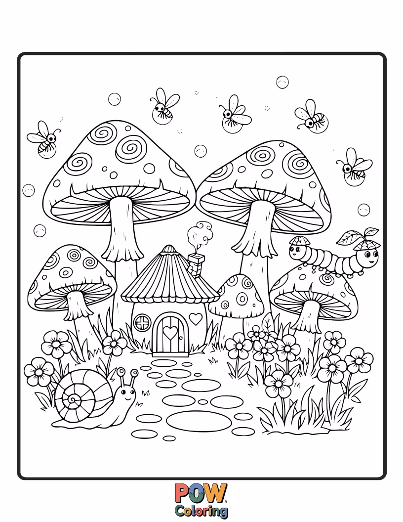 Free coloring page of Enchanted toadstools in vibrant colors, fairy doors nestled at their bases, and sparkling dewdrop accents for a magical touch.