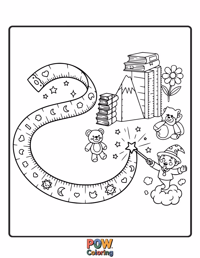 Free coloring page of A long, winding measuring tape forming a magical path through a forest.