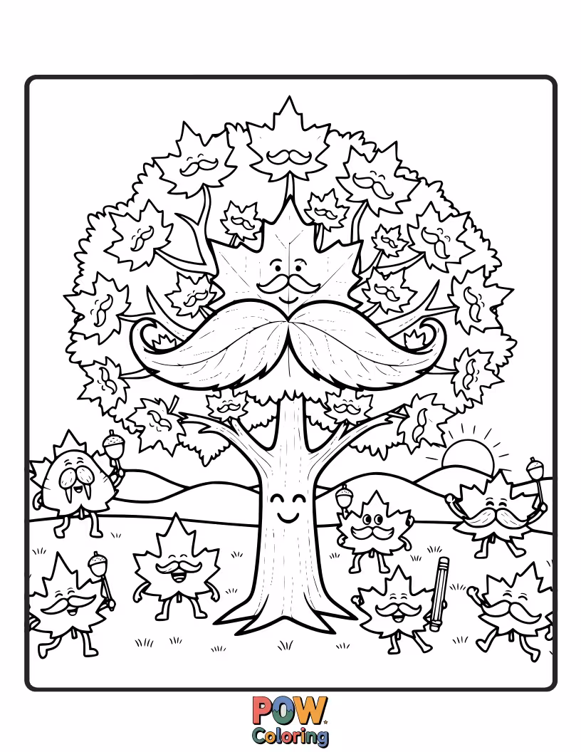Free coloring page of Maple trees sporting stylish moustaches on their trunks, adding a touch of dapper charm.