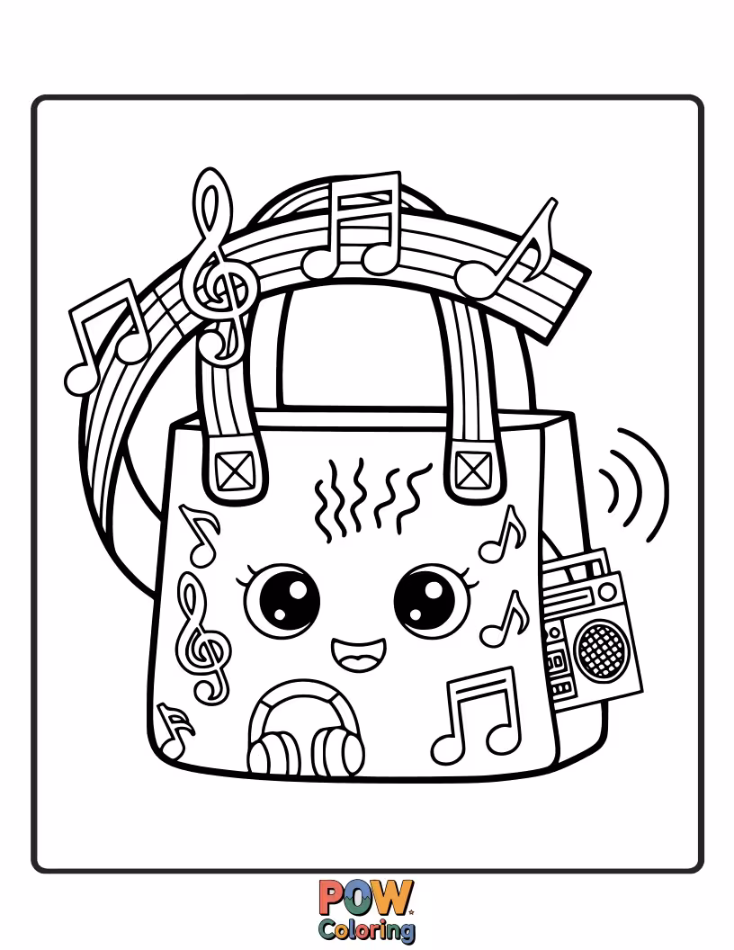 Free coloring page of Cool bags inspired by music, featuring notes, instruments, and speakers for a harmonious and rhythmic coloring experience.