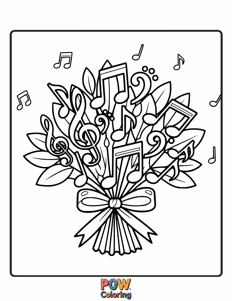Free coloring page of Harmonious blooms and musical notes create this beautiful symphony of flowers.