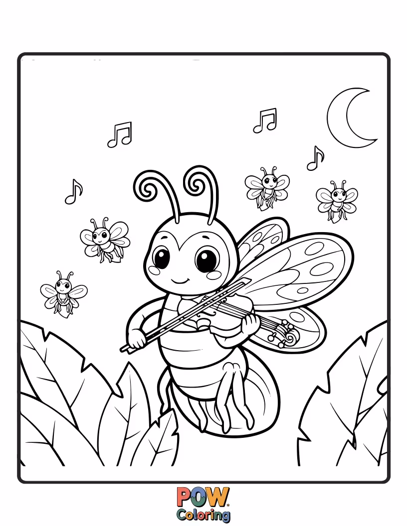 Free coloring page of A violin glows with the light of musical fireflies dancing around it.