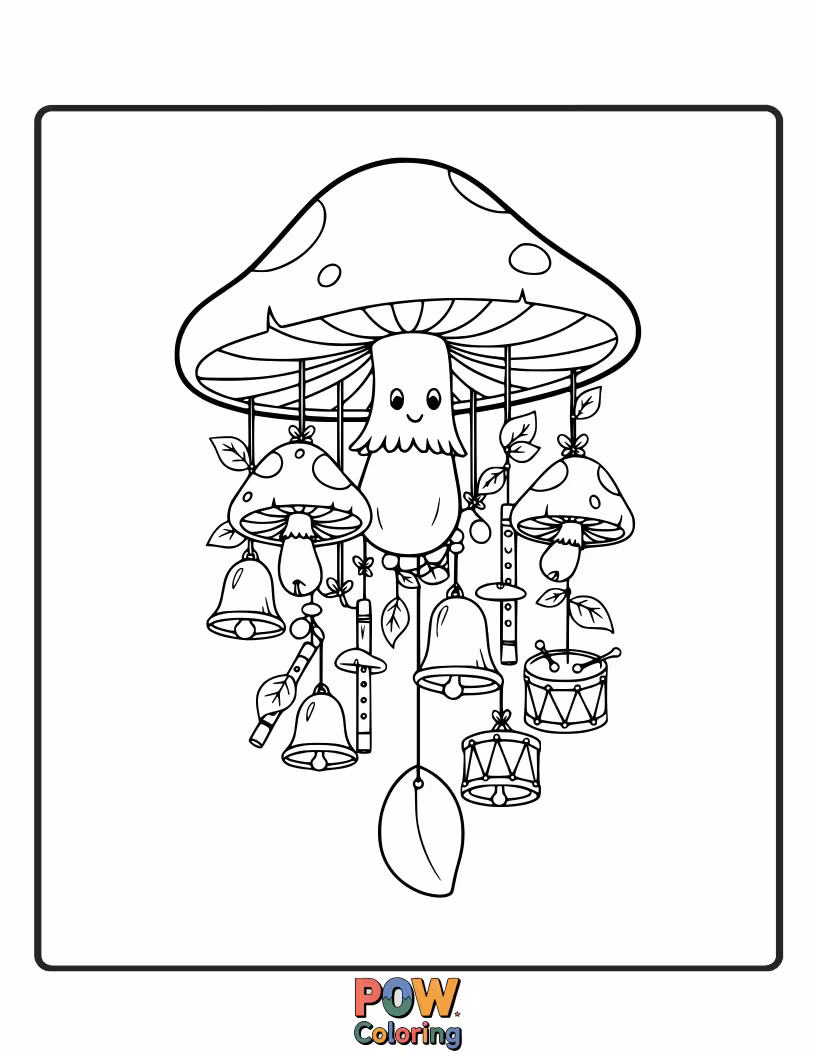 Free coloring page of Whimsical mushrooms with chimes hanging from their caps, set in a forest floor.