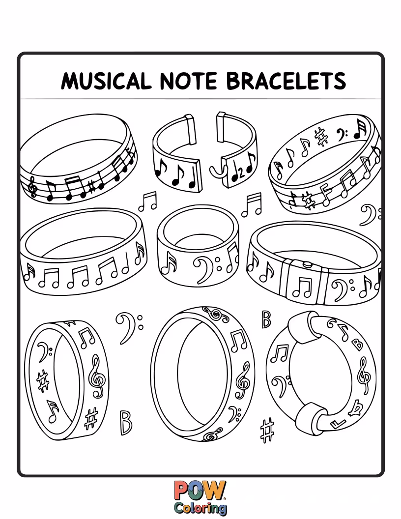 Free coloring page of Melodious notes are the charms on this bracelet, perfect for anyone who loves music. Harmonious and creative.