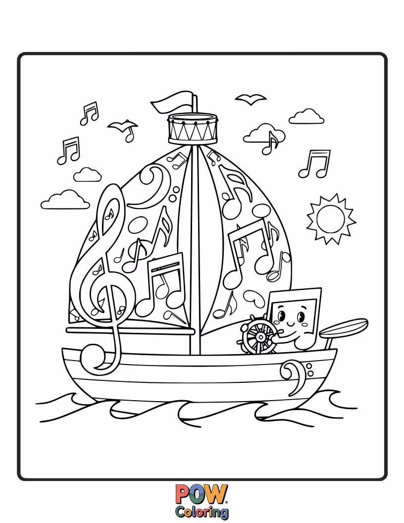 Free coloring page of A sailboat ingeniously shaped from musical notes and staffs, sailing on a symphony of waves.