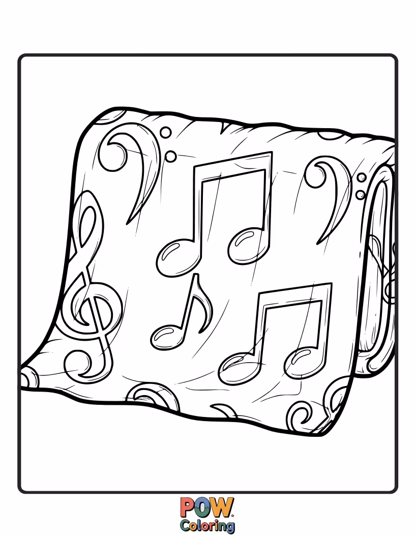 Free coloring page of Melodious notes and clefs forming a rhythmic and vibrant blanket pattern.