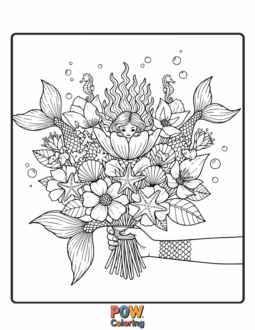 Free coloring page of Underwater magic unfolds with this bouquet of sea blooms and mermaid treasures.
