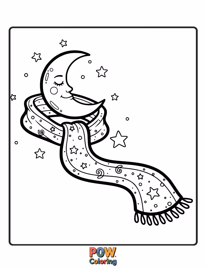 Free coloring page of A crescent moon wearing a flowing, starry scarf. Create a dreamy, ethereal nighttime landscape.