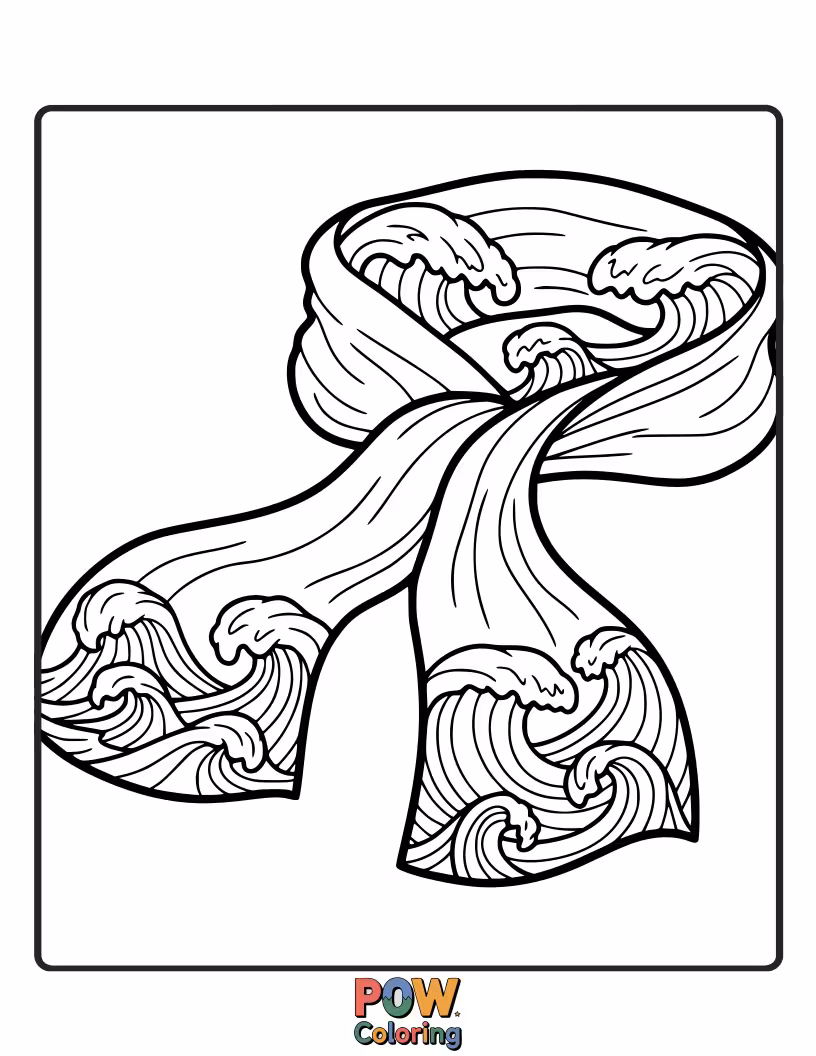 Free coloring page of A beautiful scarf shaped like flowing ocean waves, with a playful dolphin. Dive into vibrant blues and greens.