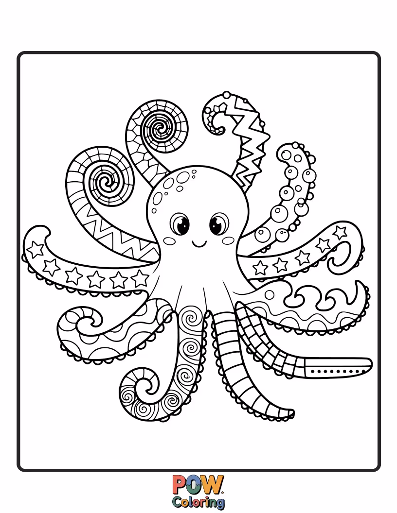 Free coloring page of A playful octopus uses its eight long arms to propel itself through the water with a funny wiggle.