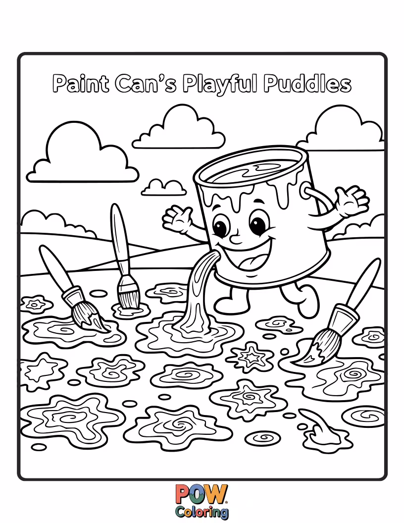 Free coloring page of A paint can creating colorful, splattered puddles that form funny shapes.