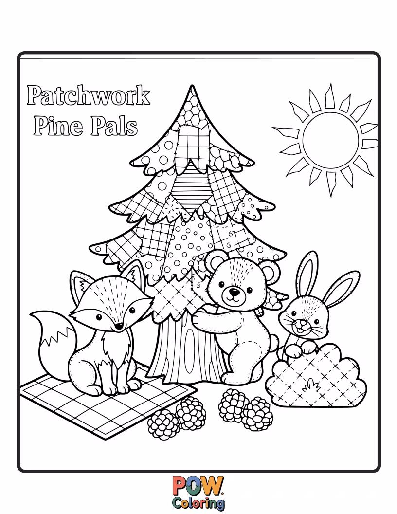 Free coloring page of Pine trees with colorful, patchwork-like sections on their needles, creating a vibrant, cozy look.
