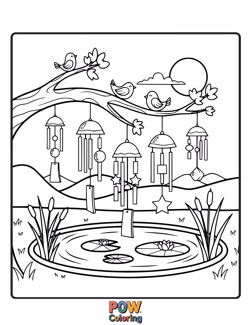 Free coloring page of Serene wind chimes dangling near a tranquil pond with lily pads and a friendly frog.