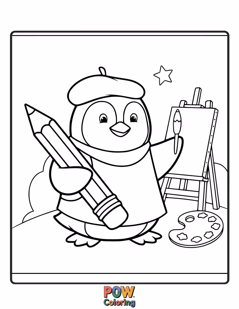 Free coloring page of An adorable penguin in an artist's smock, carefully using a pencil to paint a frosty masterpiece.