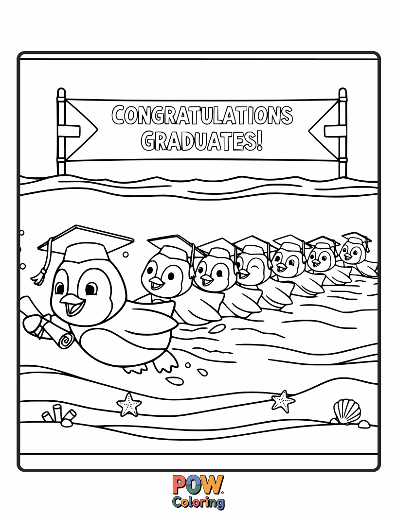 Free coloring page of A penguin wearing a tiny graduation cap proudly swims laps, celebrating its achievement of learning to swim well.