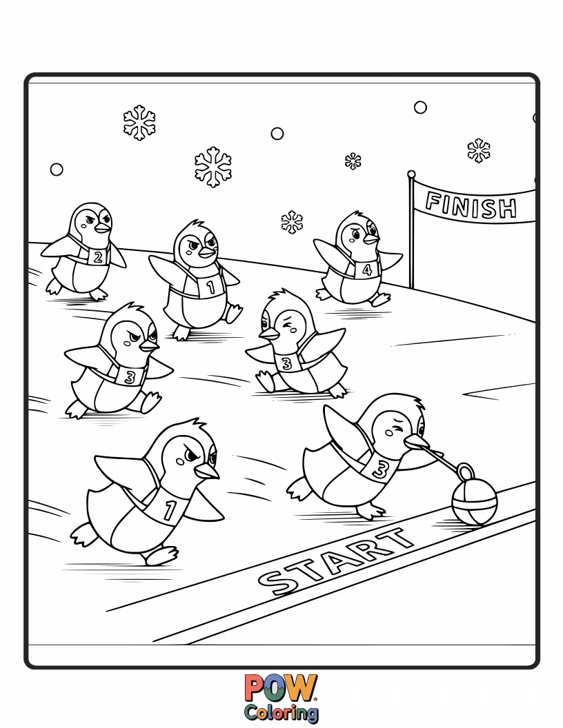 Free coloring page of Chubby penguins waddle with determination, flippers flapping, in a slippery, icy race towards a finish line.