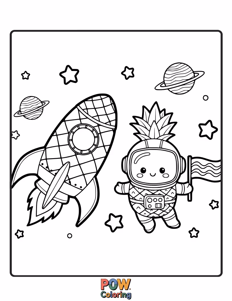 Free coloring page of A brave pineapple exploring outer space, floating amongst colorful planets and twinkling stars. Blast off into creativity!