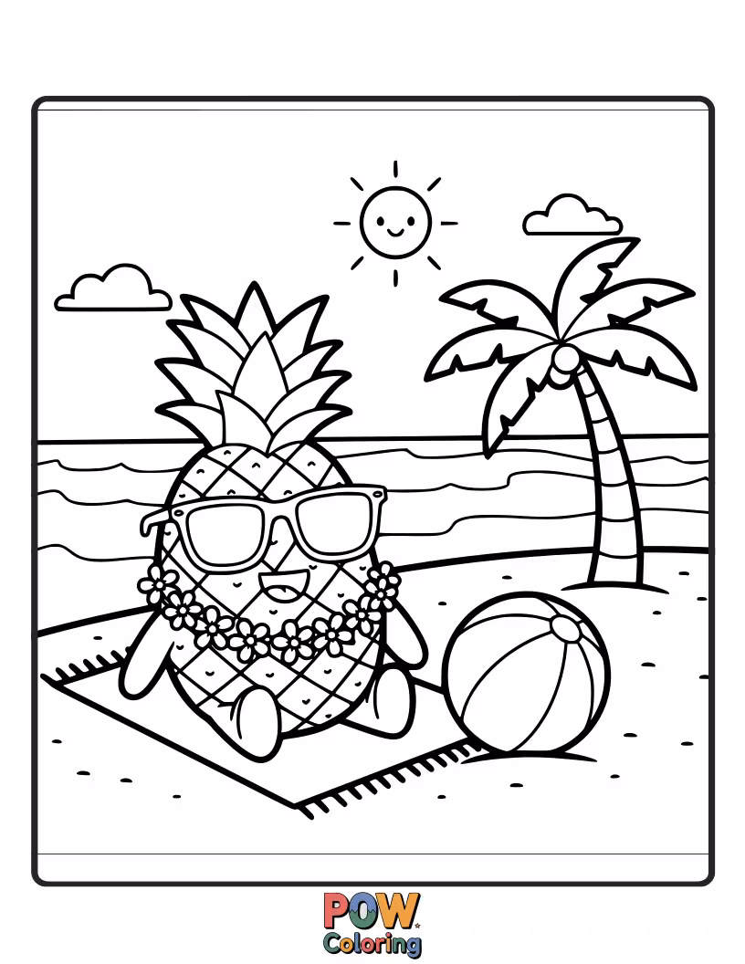 Free coloring page of A smiling pineapple wearing sunglasses and a straw hat, ready for a fun day at the beach.