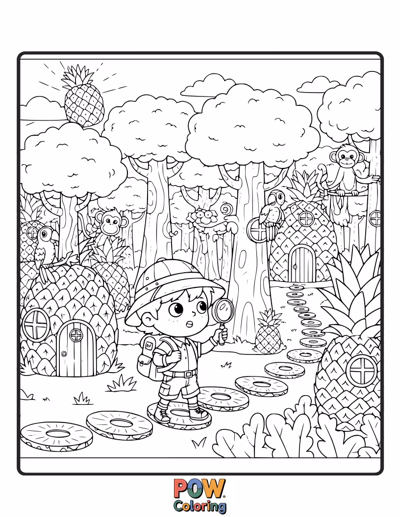 Free coloring page of A brave pineapple with a backpack, venturing through an enchanted forest filled with giant mushrooms and friendly creatures.