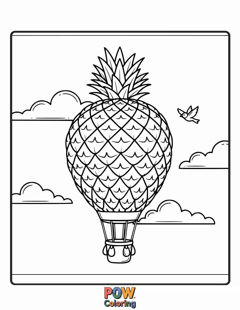 Free coloring page of A whimsical pineapple soaring through the clouds in a colorful hot air balloon. Drift away on a creative breeze!