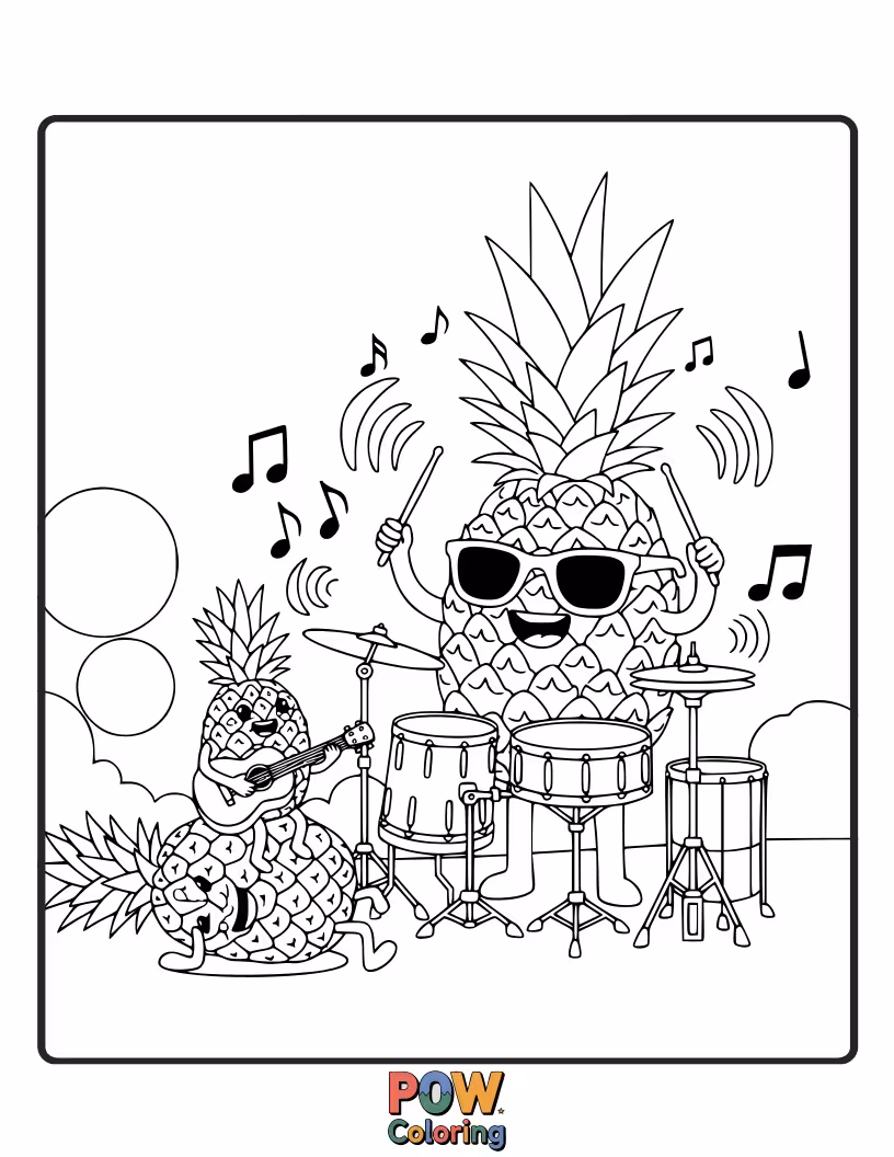 Free coloring page of A cool pineapple rocking out on a guitar, surrounded by musical notes. Let the vibrant colors sing!