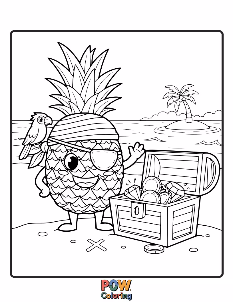 Free coloring page of A swashbuckling pineapple with an eye patch, searching for buried treasure on a tropical island. Ahoy, matey!