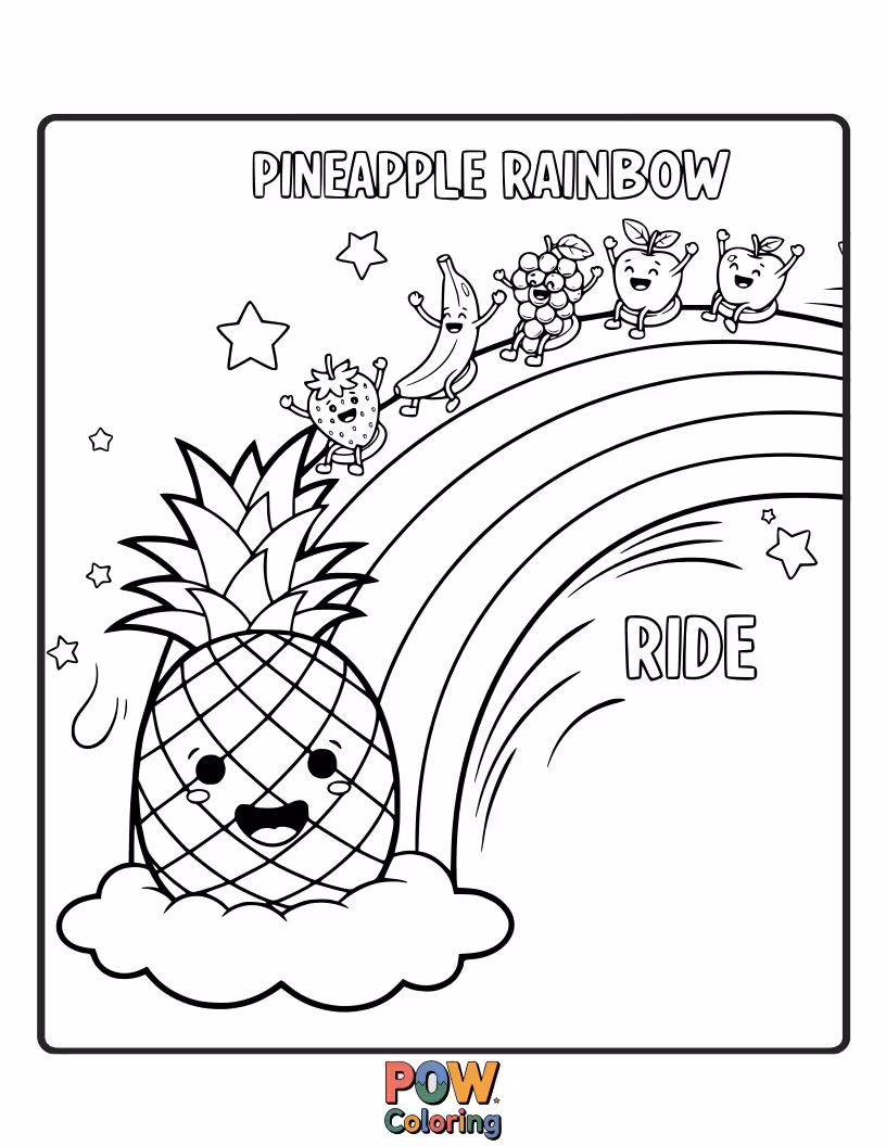Free coloring page of A joyful pineapple sliding down a magical rainbow, leaving a trail of glitter and happiness. Experience pure bliss!