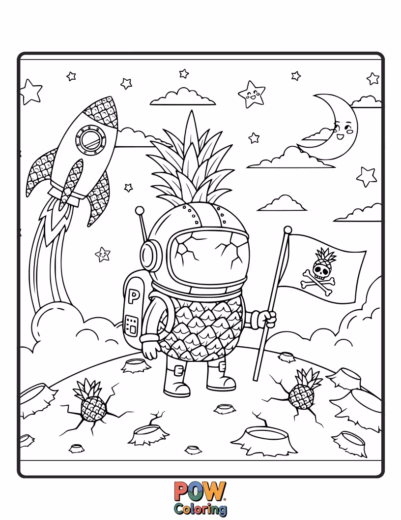Free coloring page of A curious pineapple in a helmet, gazing at distant galaxies and nebulae. A cosmic journey of color awaits!