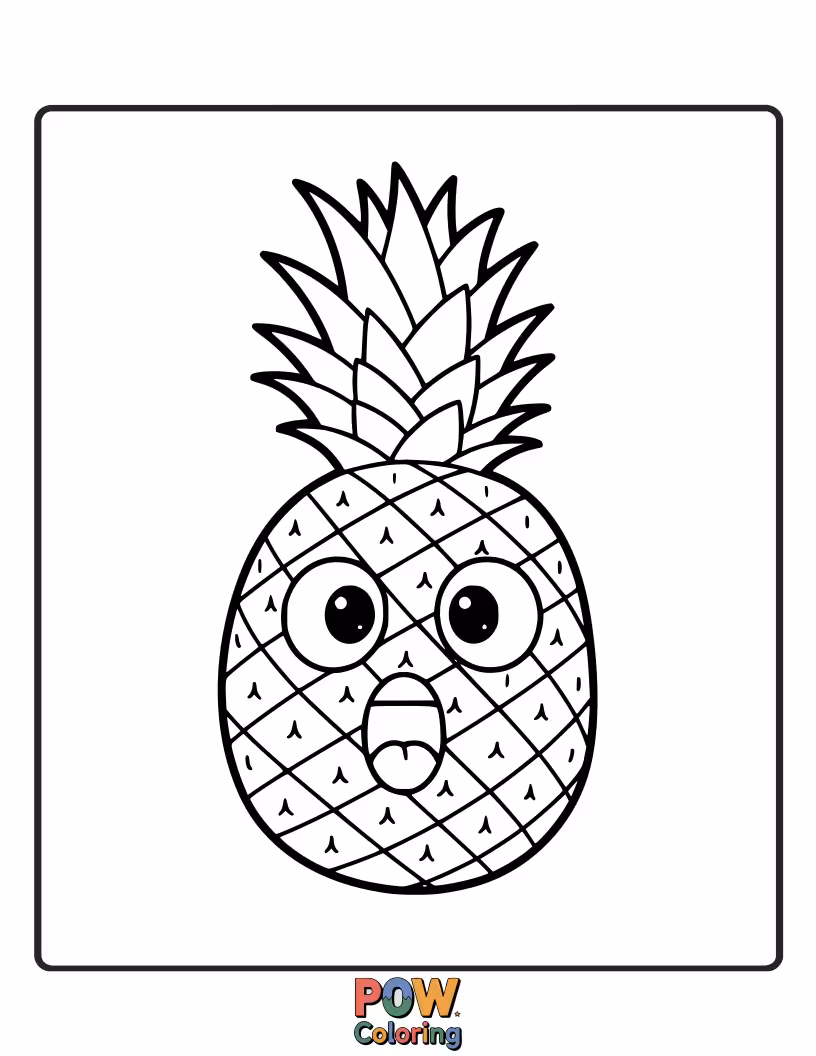 Free coloring page of A shocked pineapple with wide eyes and a silly expression, caught mid-surprise!