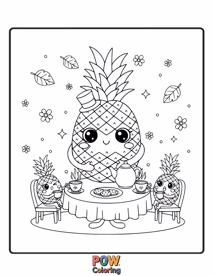Free coloring page of A refined pineapple pouring tea for its tiny animal friends. A charming gathering of sweet delights and good company.