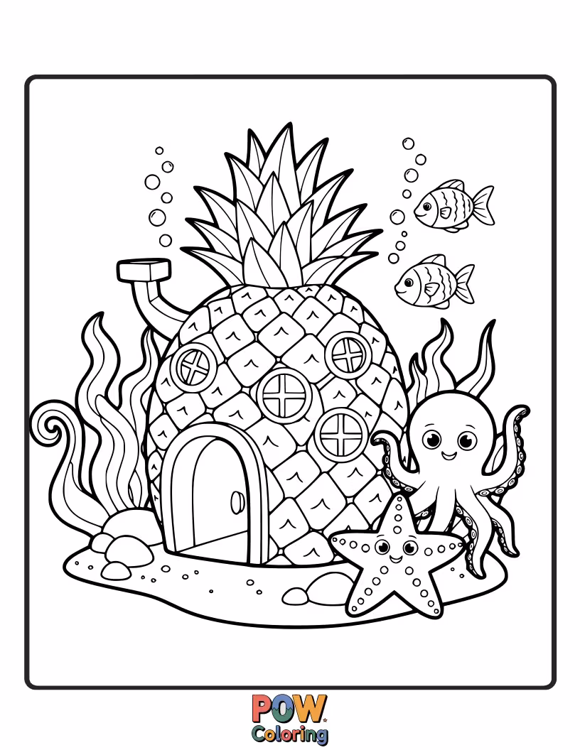 Free coloring page of A serene pineapple floating gently amongst bubbles and seaweed, enjoying the peaceful underwater world. Calm and beautiful.