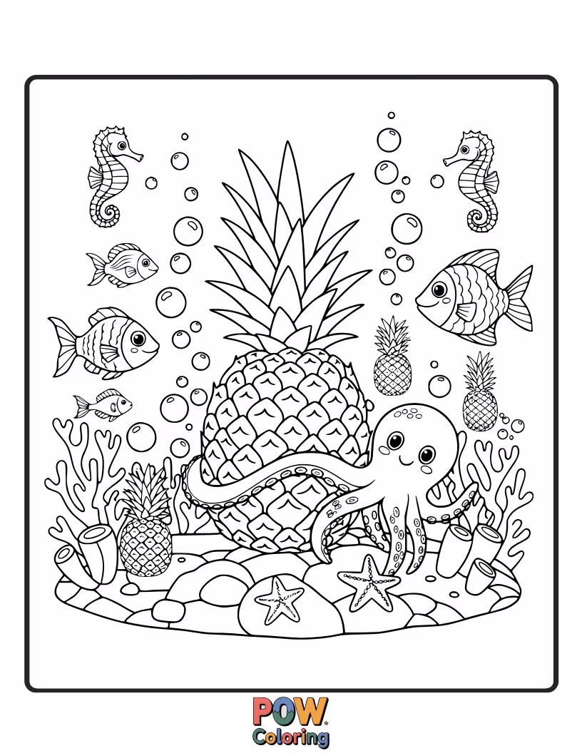Free coloring page of A curious pineapple exploring a vibrant coral reef, swimming with friendly fish and colorful sea creatures. Dive into imagination!