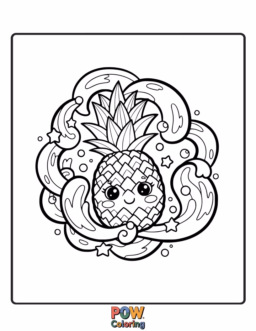 Free coloring page of A beautiful pineapple rendered in soft watercolor strokes, with delicate splashes of color.