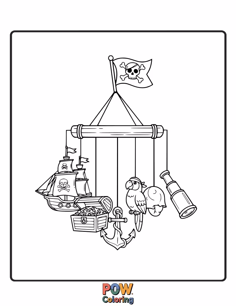 Free coloring page of A whimsical pirate ship with wind chimes as its masts, sailing on a wavy sea.