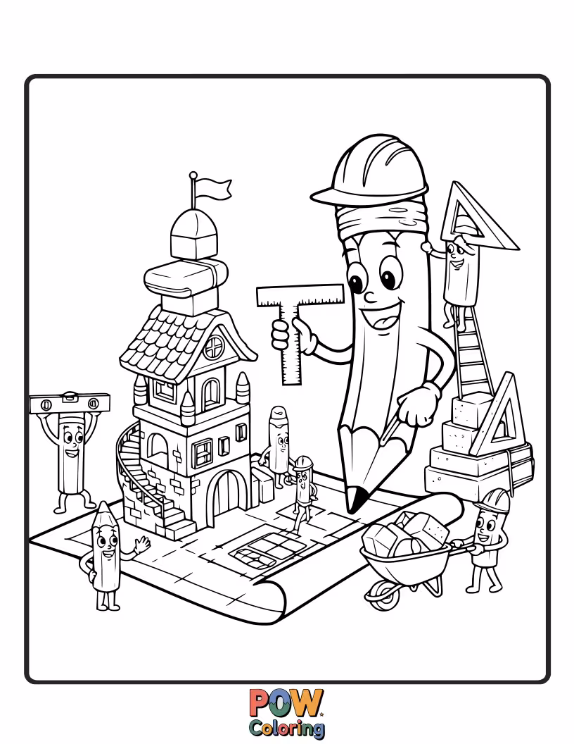 Free coloring page of A cheerful anthropomorphic pencil, wearing a tiny hard hat, sketching a miniature, adorable house.