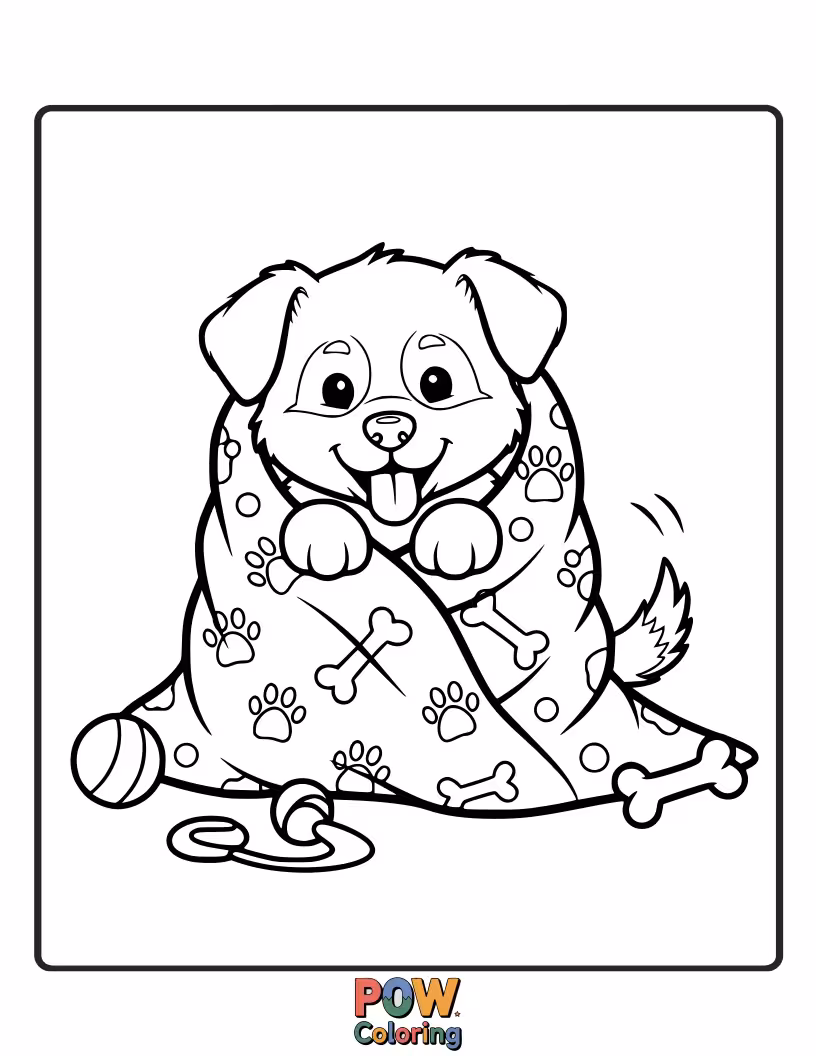Free coloring page of A happy, wagging puppy peeking out from under a warm, textured blanket.