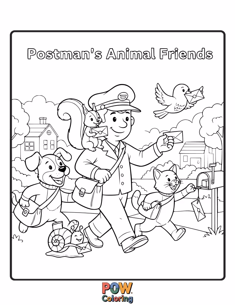 Free coloring page of A friendly postman is surrounded by adorable animals patiently waiting for their mail, with a squirrel holding a tiny envelope.