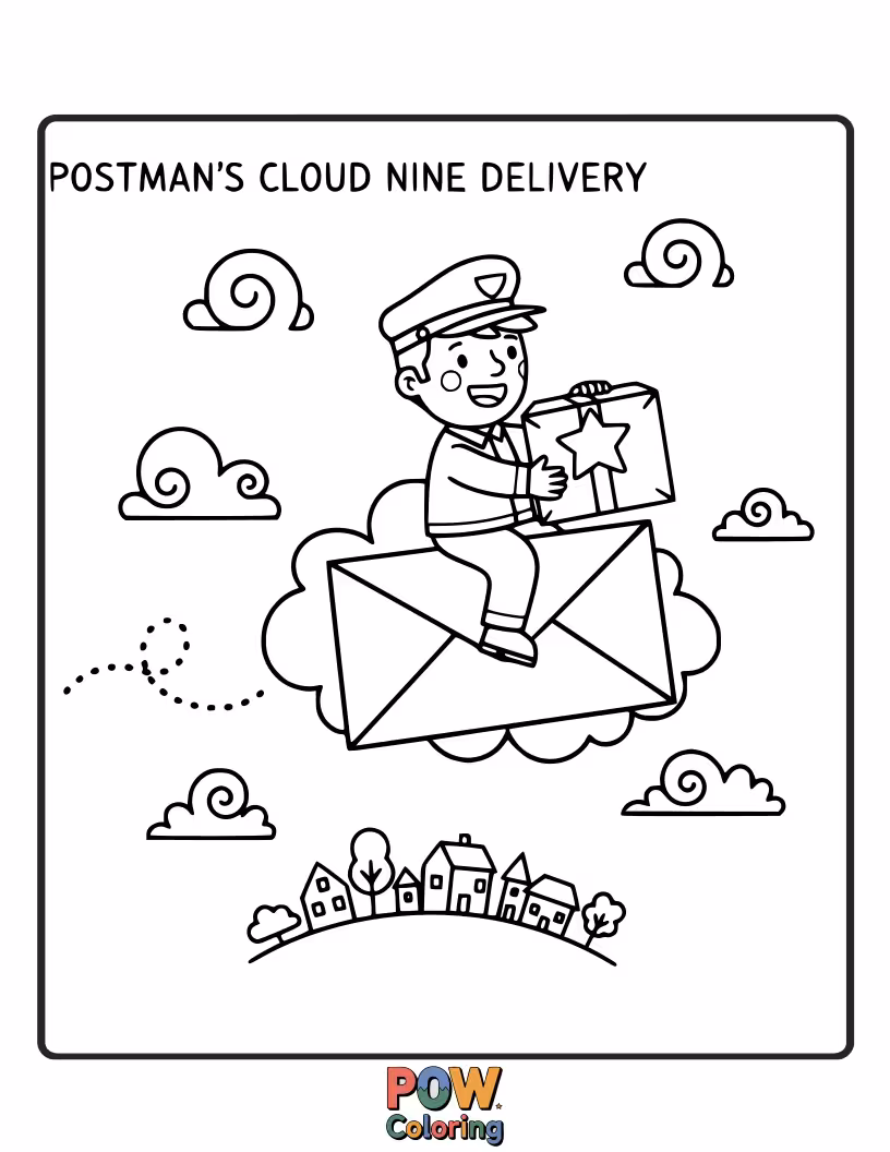 Free coloring page of A serene postman floats on a fluffy cloud, delivering packages shaped like dreams to the sky.