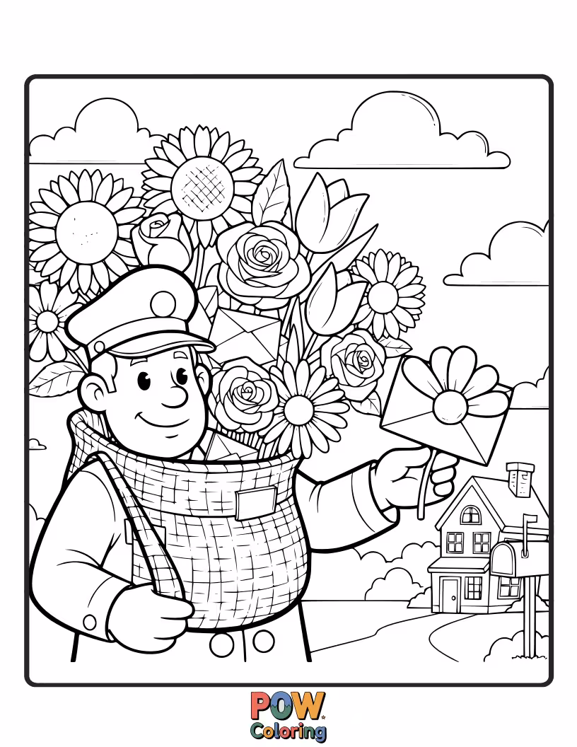 Free coloring page of A sweet postman delivers letters adorned with blooming flowers and leafy vines to happy gardens.