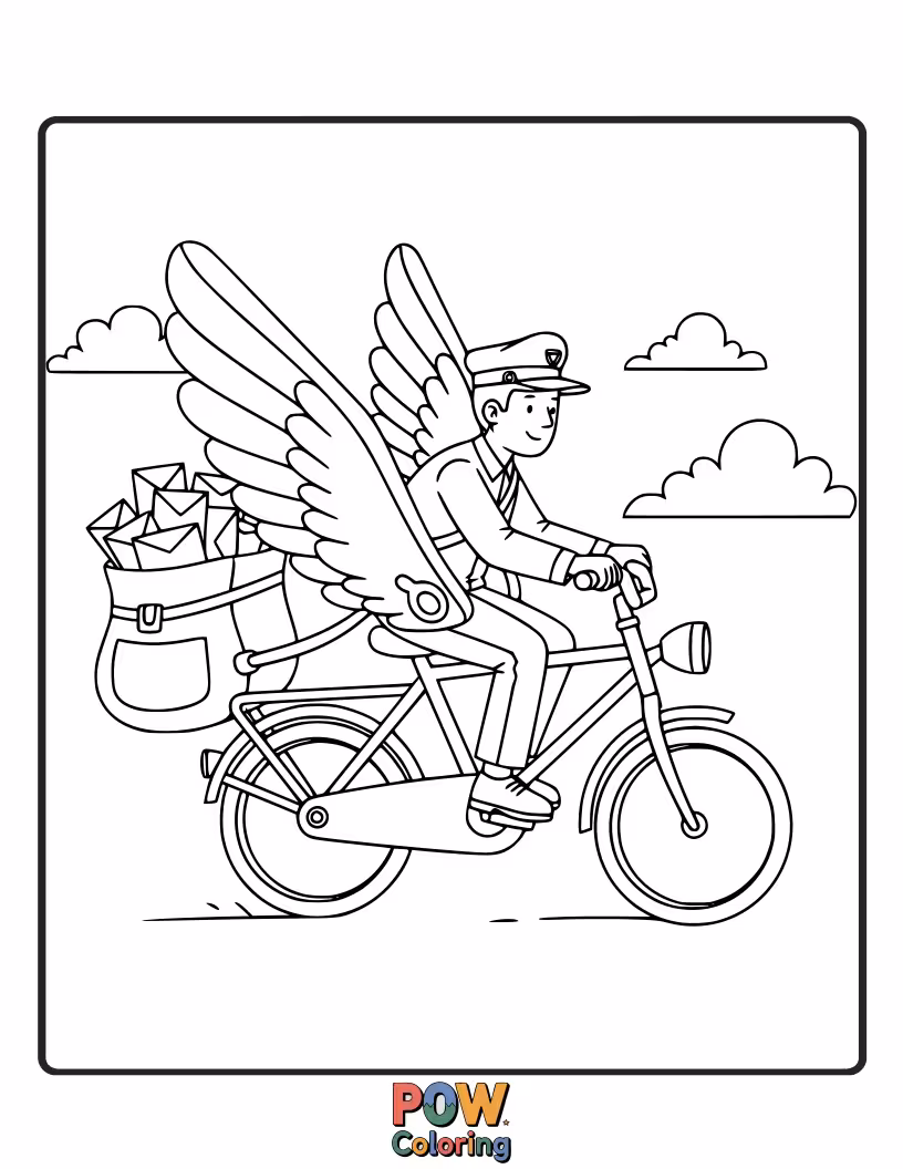 Free coloring page of A daring postman rides a bicycle with wings, soaring through the air to deliver important packages.