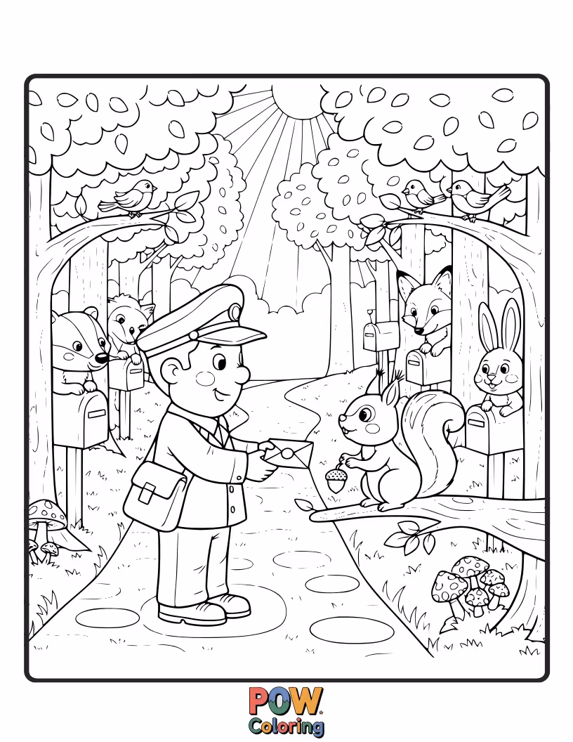Free coloring page of A nature-loving postman delivers letters to woodland creatures nestled amongst enchanted trees and glowing mushrooms.