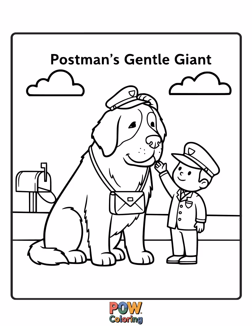 Free coloring page of A small, determined postman delivers a giant package to a friendly, smiling giant.