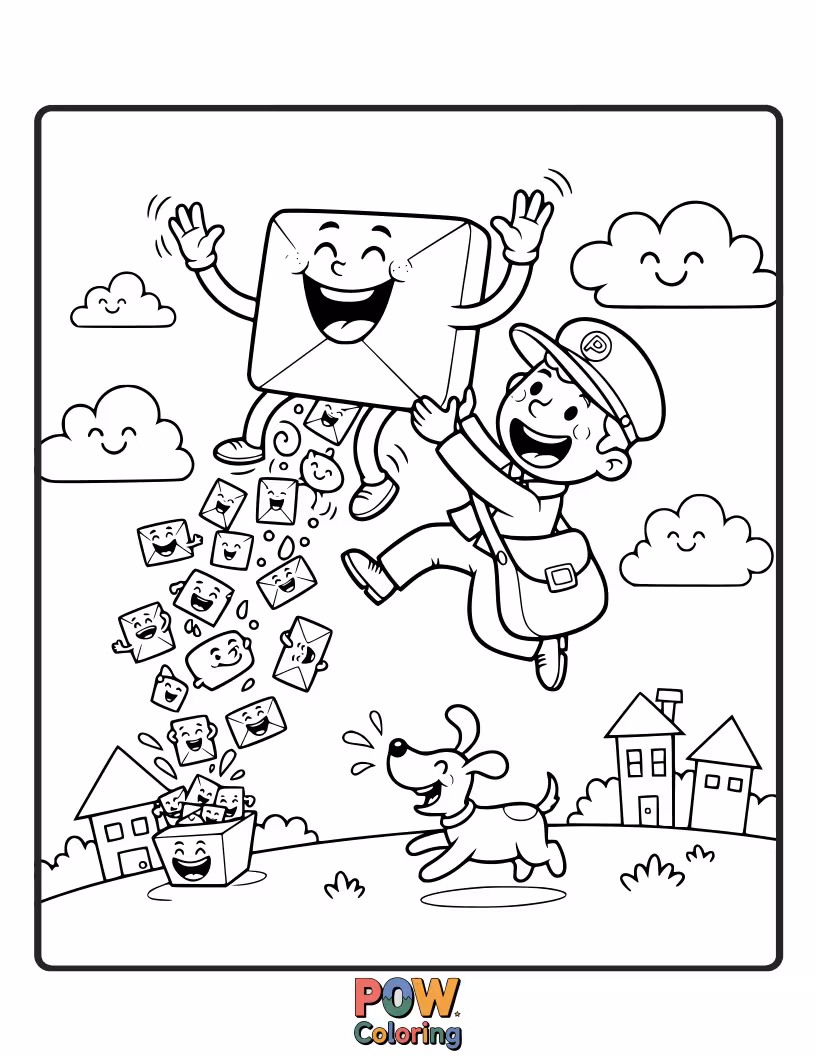 Free coloring page of A giggling postman juggles letters and packages, with tiny laughing emojis floating around him.