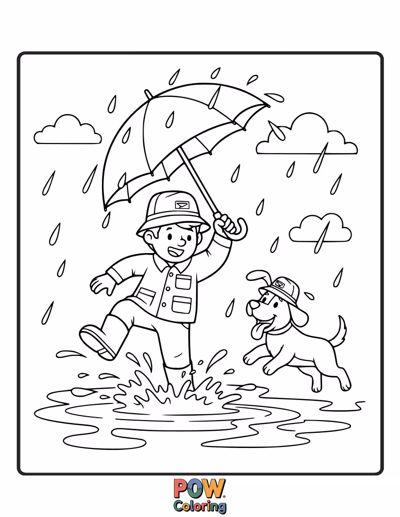 Free coloring page of A cheerful postman splashes through puddles with a smile, delivering umbrellas and cheerful notes.