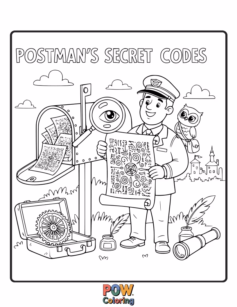 Free coloring page of A mysterious postman delivers envelopes with invisible ink and secret codes to curious children.