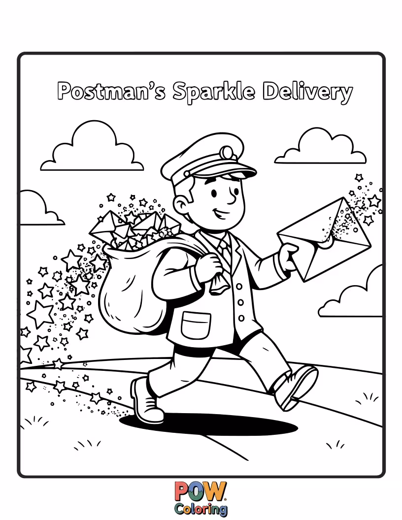 Free coloring page of A glamorous postman sparkles with glitter as he delivers letters adorned with tiny jewels and shimmering ribbons.