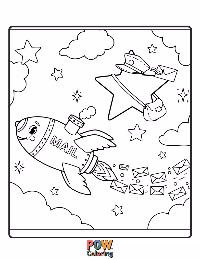 Free coloring page of A dreamy postman collects stardust mail from a friendly moon, delivering glowing letters to sleeping children.