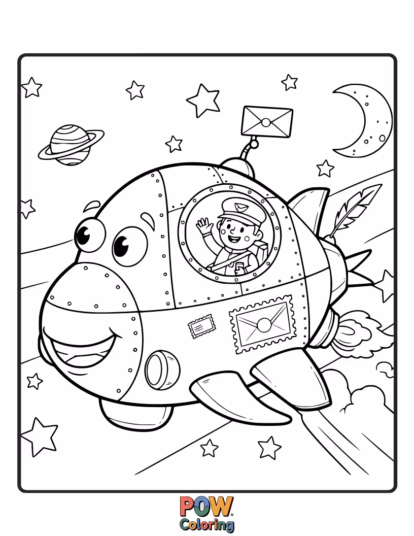 Free coloring page of A futuristic postman pilots a mini-starship, delivering packages to planets and constellations.