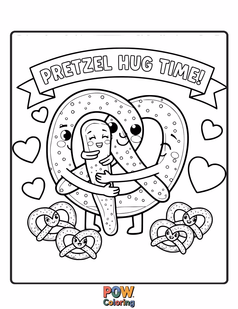 Free coloring page of A plump pretzel giving a sweet, gentle hug. Perfect for a heartwarming and adorable coloring session.