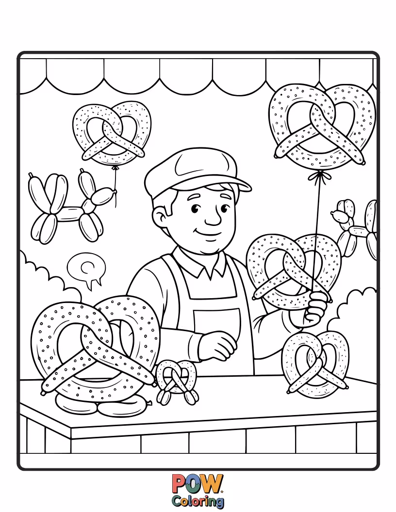 Free coloring page of A pretzel surrounded by cute, balloon-animal shapes. A playful and creative coloring opportunity.